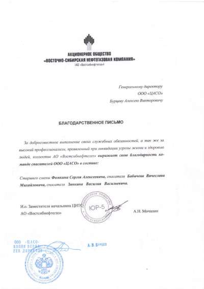 Сотрудники ООО «ЦАСО» получили благодарность от Заказчика.
